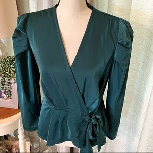 ADIVA Emerald Green Wrap Blouse Long Sleeve Button‎ Sleeve Medium *TINY FLAW